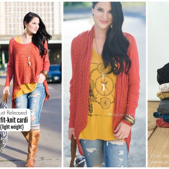 Grace & Lace light weight two fit knit cardigan poncho cover-up sweater spice OS - Picture 3 of 11